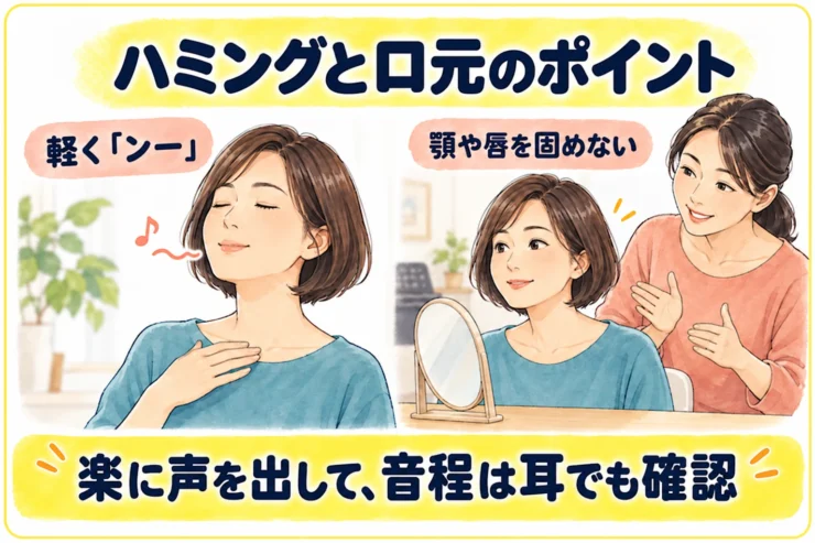 ハミングと口元のポイントは、楽に声を出して、音程は耳でも確認