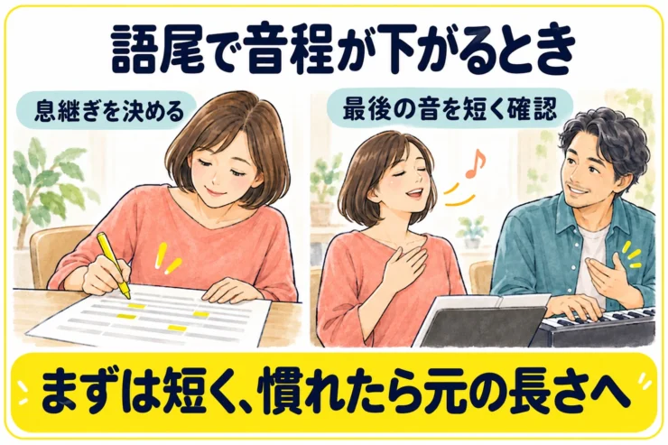 語尾で音程が下がる時は、まずは短く、慣れたら元の長さへ