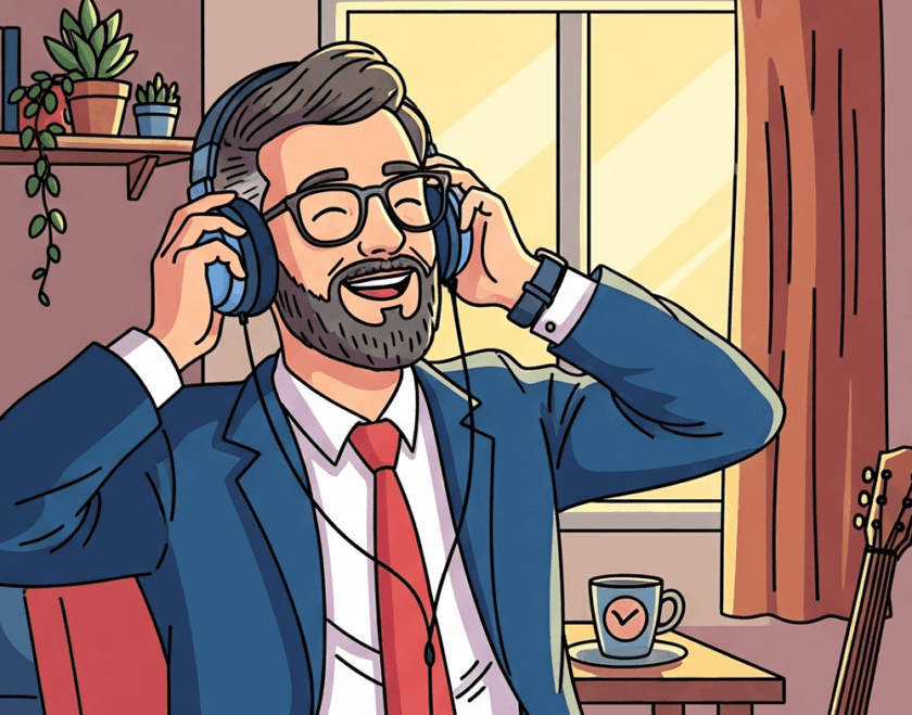 仕事帰りに音楽を楽しむ社会人のイラスト